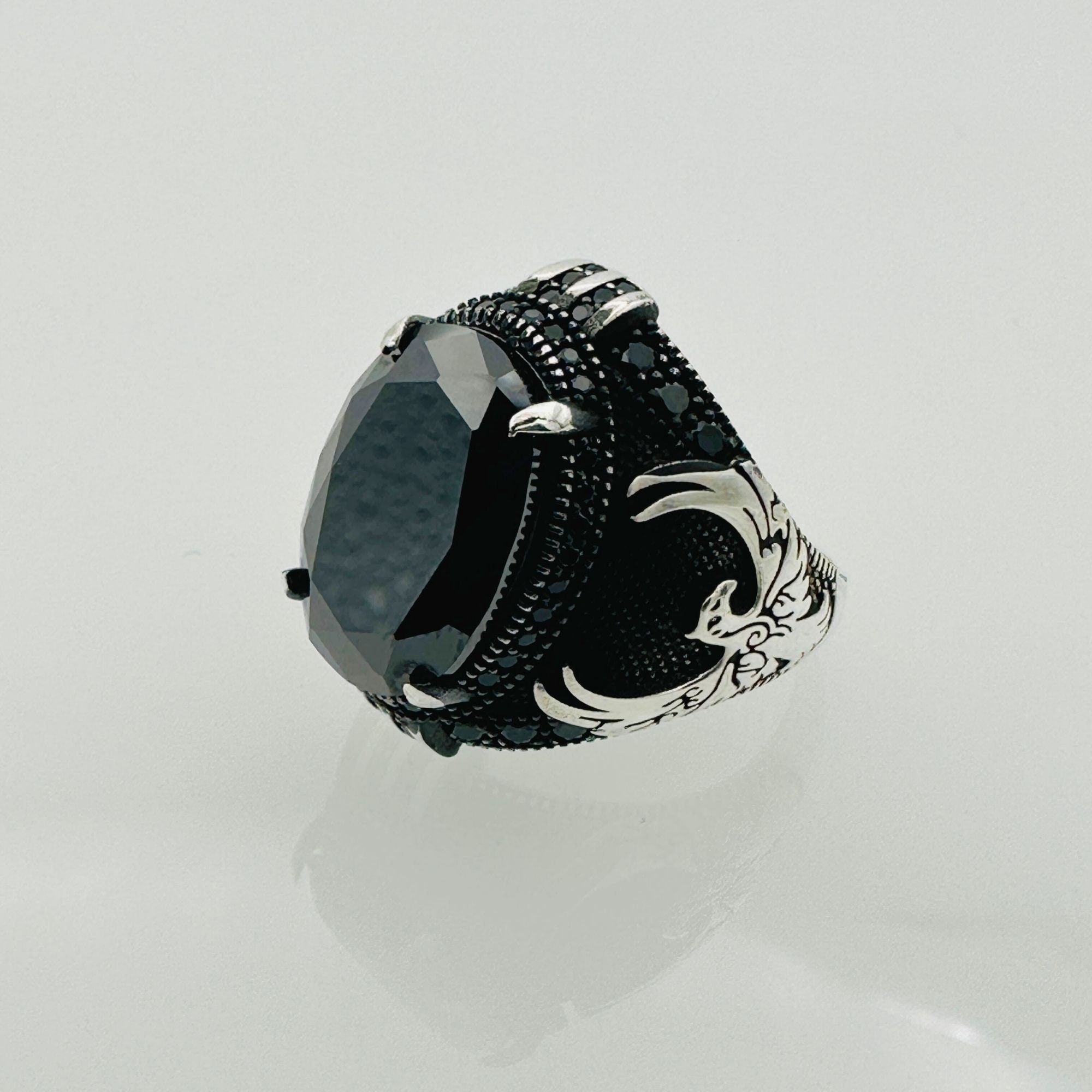 Handmade Men's Black Onyx Eagle Silver Ring