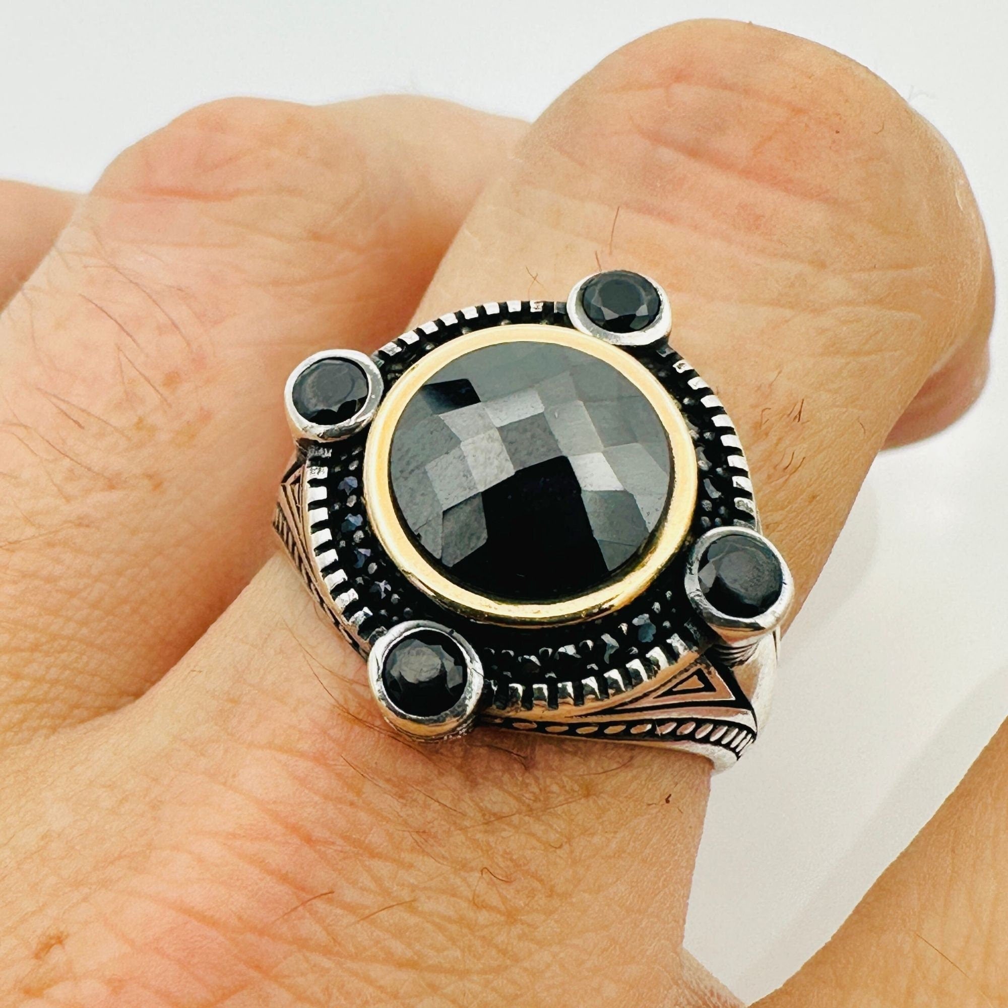 Bague en argent avec pierre zircon noire turque pour homme