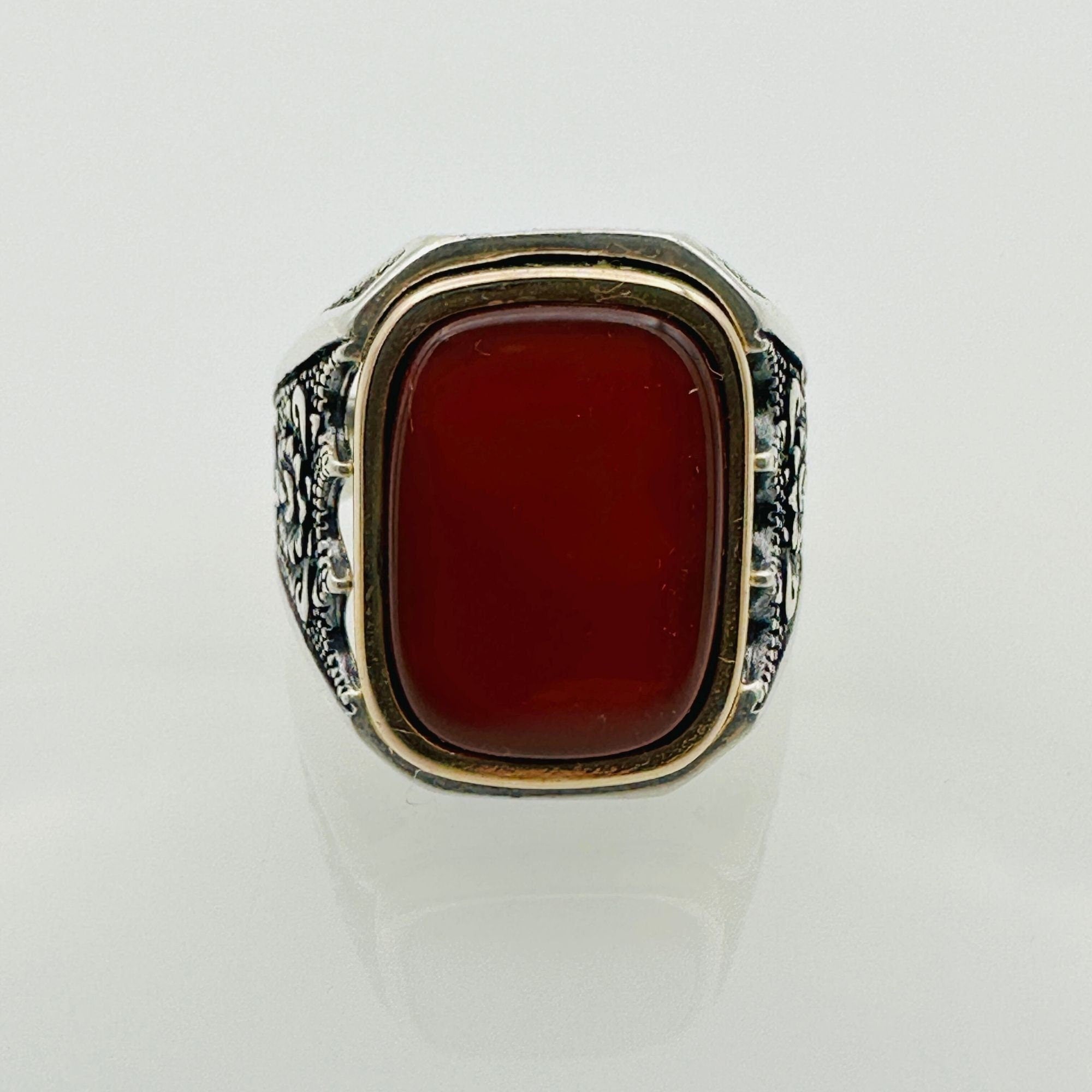 Men's Natural Red Aqeeq Silver Ring