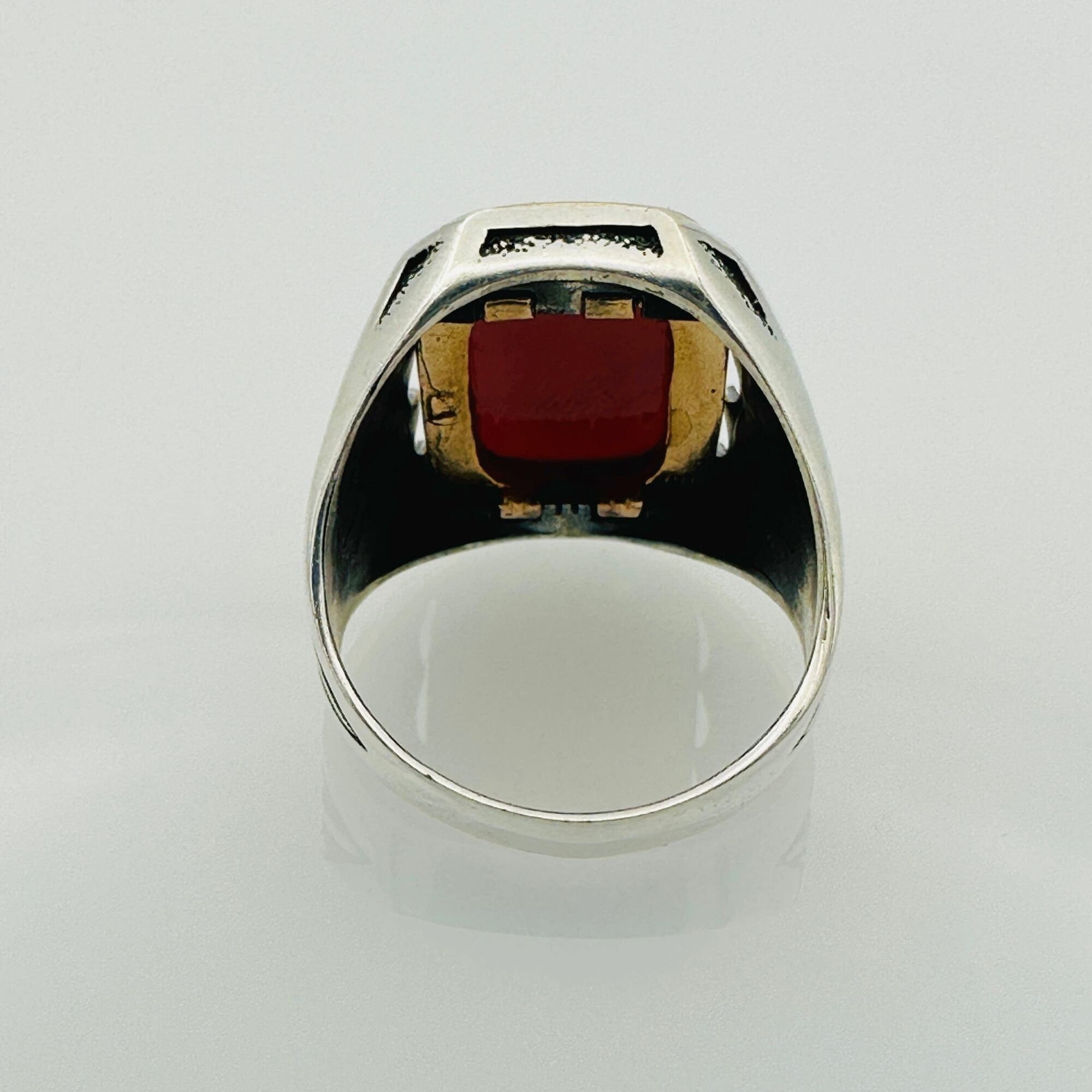 Men's Natural Red Aqeeq Silver Ring