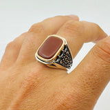 Men's Natural Red Aqeeq Silver Ring