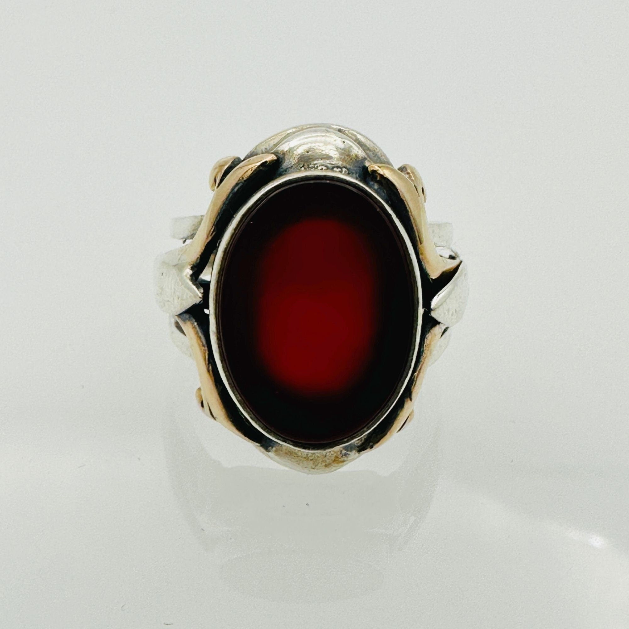 Men's Natural Red Aqeeq Silver Ring
