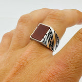 Men's Natural Green Agate Square Sterling Silver Ring