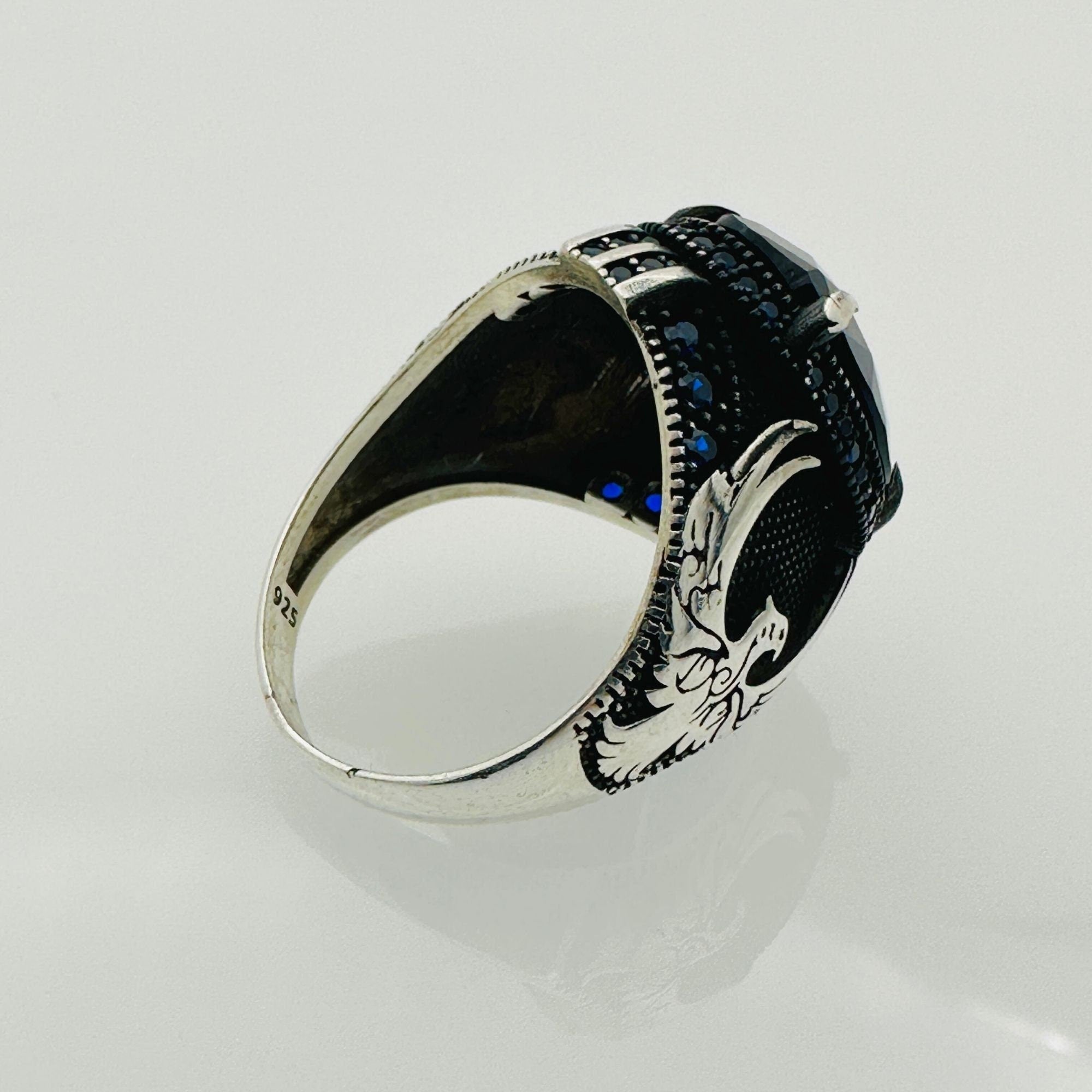 Handmade Men's Eagle Blue Sapphire Silver Ring