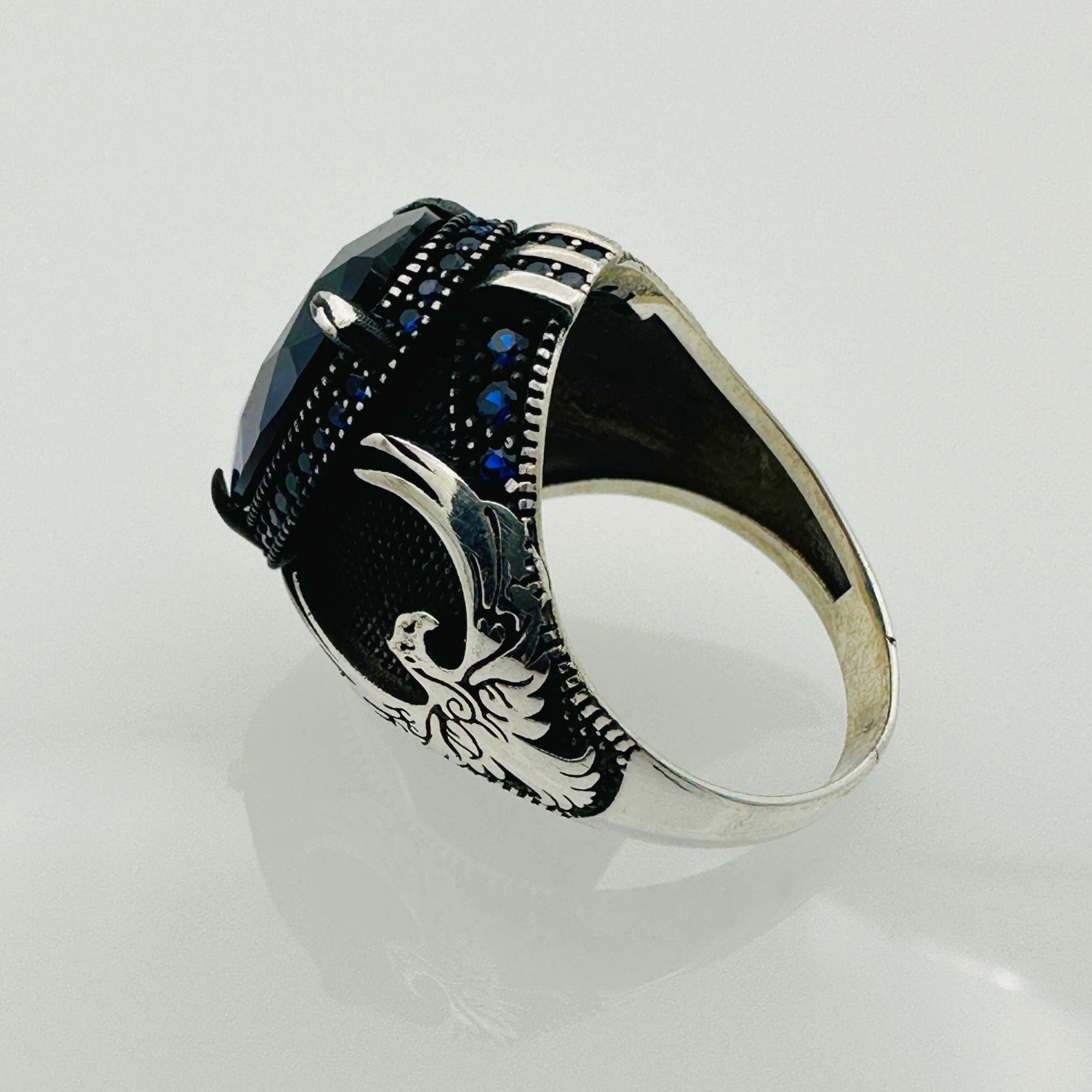 Handmade Men's Eagle Blue Sapphire Silver Ring