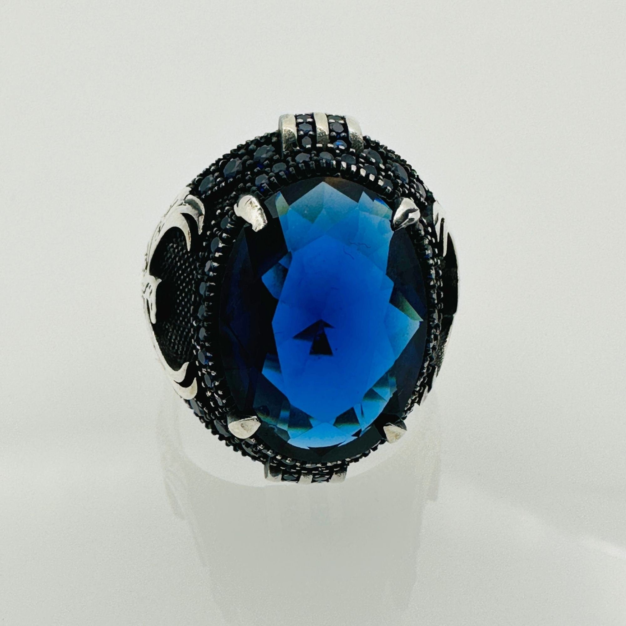 Handmade Men's Eagle Blue Sapphire Silver Ring