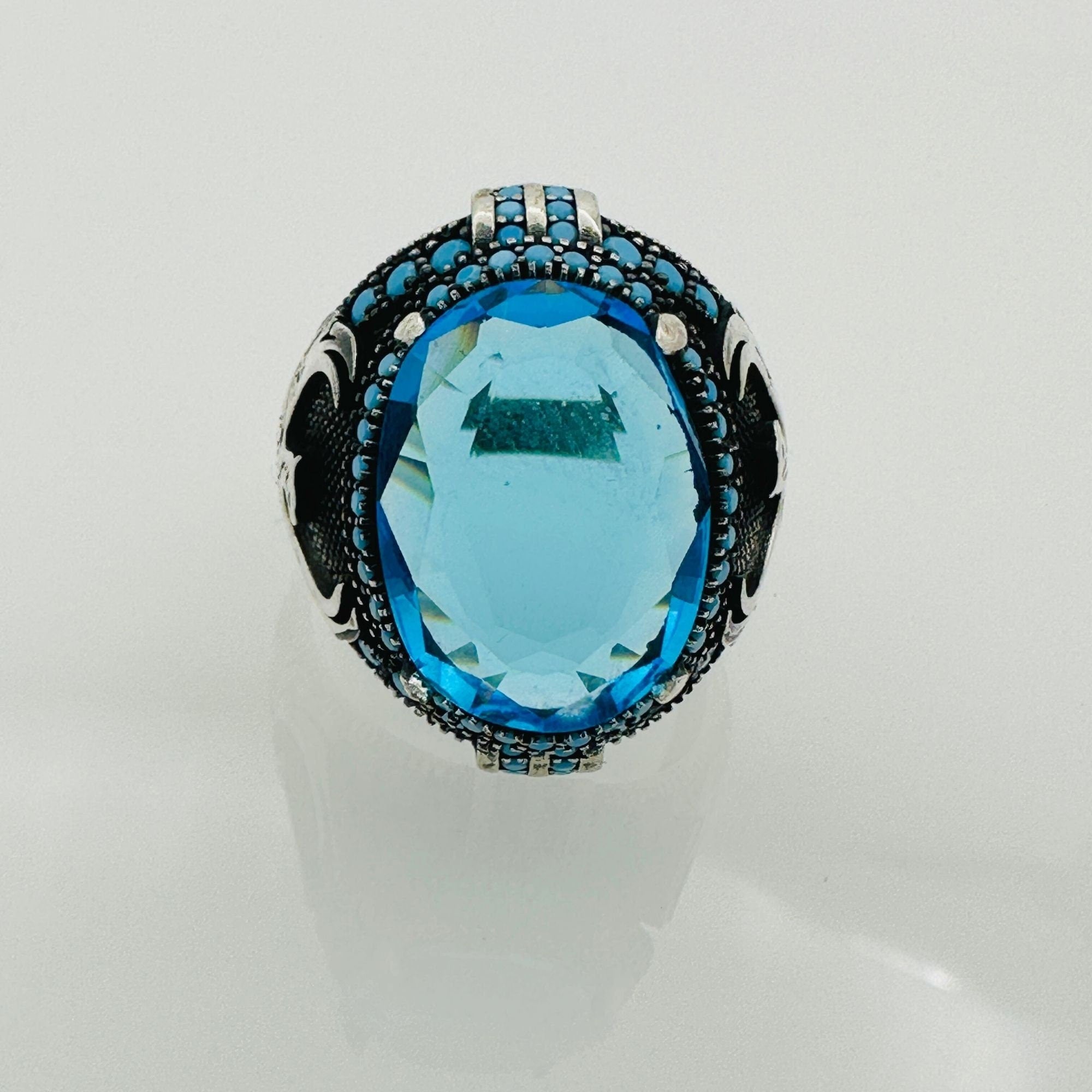 Turkish Handmade Men's Aquamarine Eagle Silver Ring
