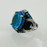 Turkish Handmade Men's Aquamarine Eagle Silver Ring