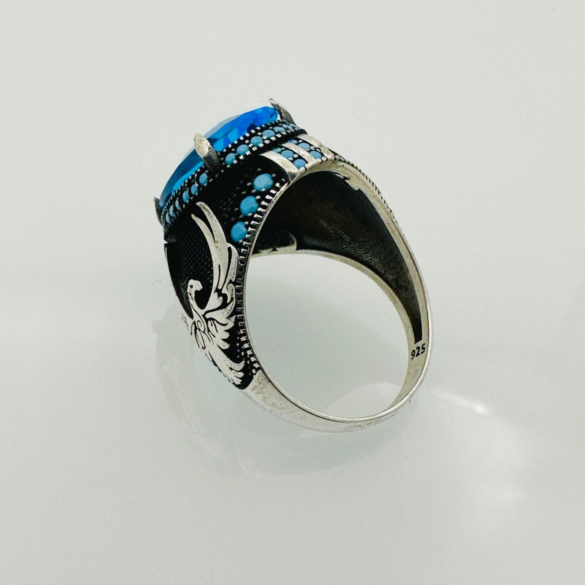Turkish Handmade Men's Aquamarine Eagle Silver Ring