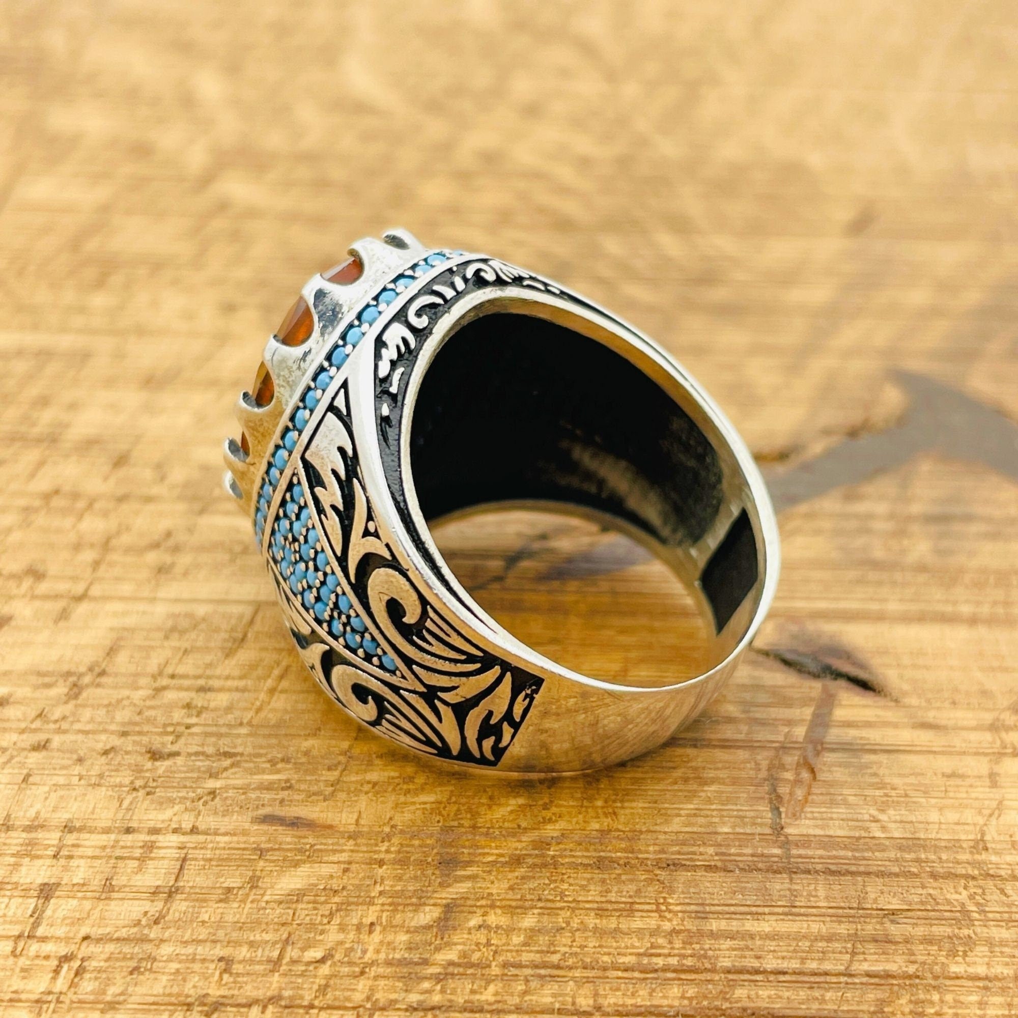 خاتم رجالي فاخر من الفضة الإسترلينية العثمانية | حجر زولتانيت متغير اللون مصنوع يدوياً