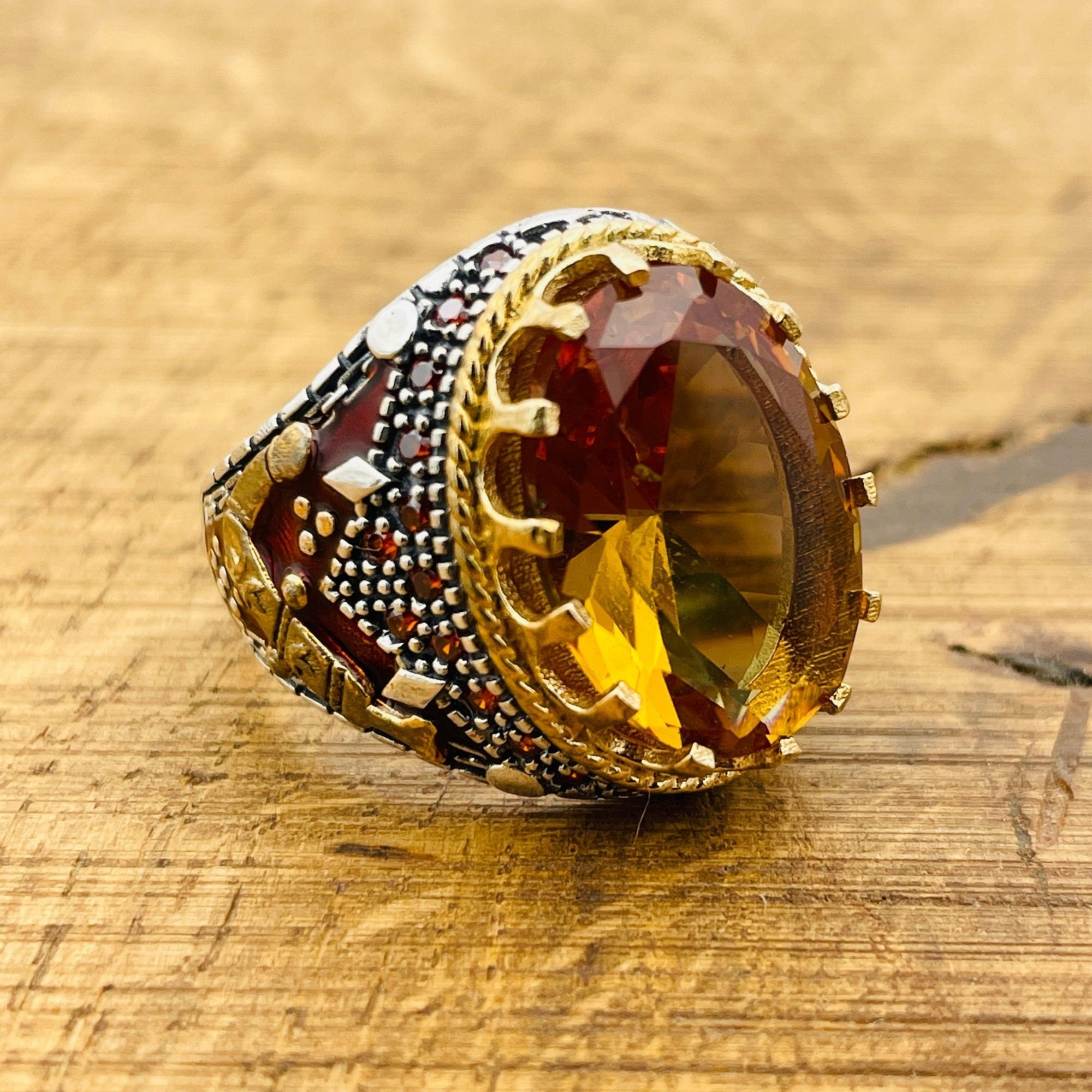 خاتم رجالي يدوي من الفضة الإسترلينية العثمانية وزولتانيت - حجر متغير اللون وطاقة إيجابية