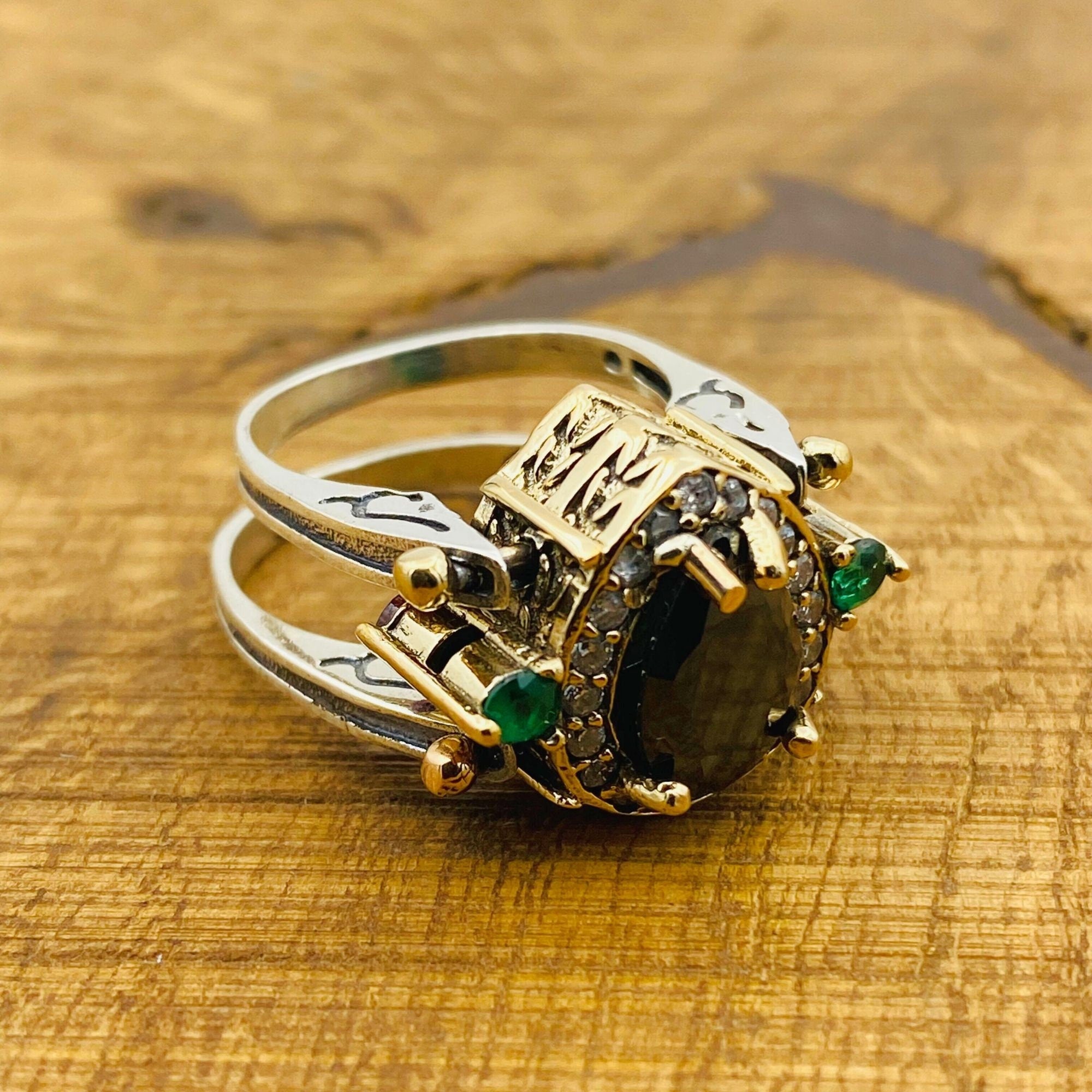 Handmade 925 Sterling Silver Reversible Ring with Dual Emerald & Onyx Gemstones | Two-in-One Customizable Design