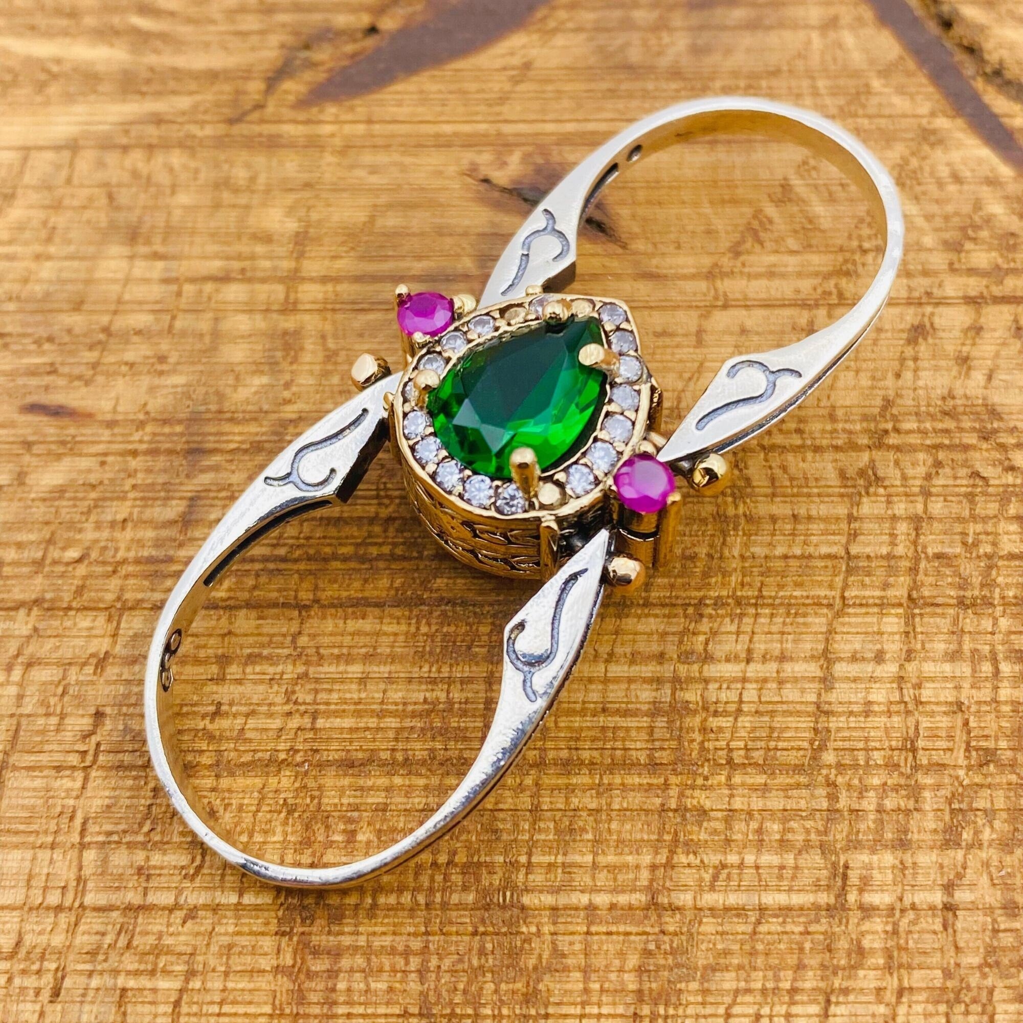 Handmade 925 Sterling Silver Reversible Ring with Dual Emerald & Onyx Gemstones | Two-in-One Customizable Design