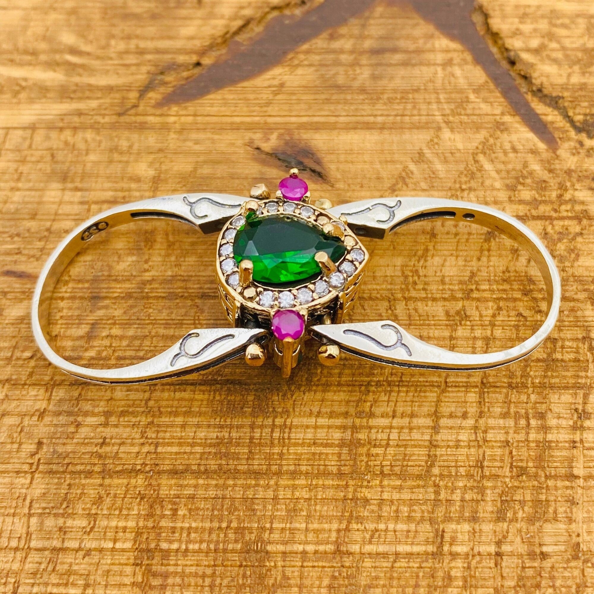 Handmade 925 Sterling Silver Reversible Ring with Dual Emerald & Onyx Gemstones | Two-in-One Customizable Design