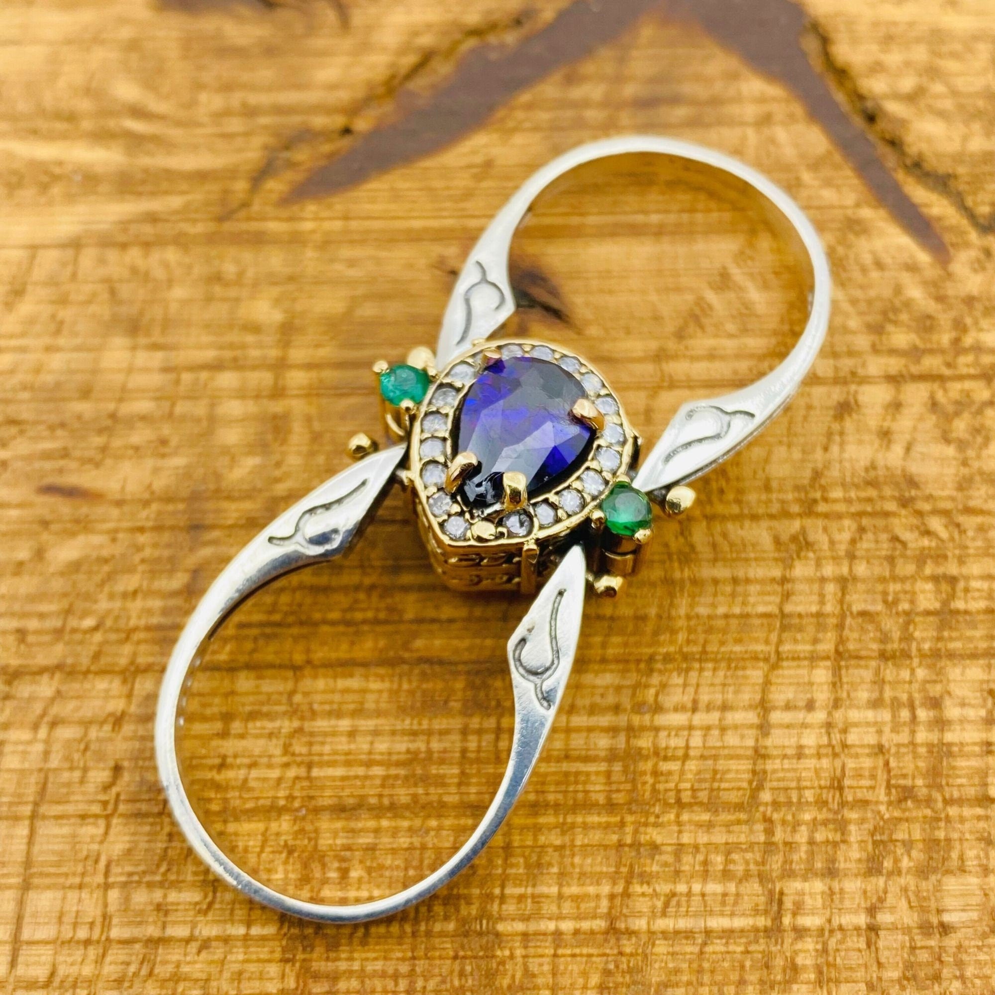خاتم فضة استرليني 925 قابل للعكس متعدد الاستخدامات بحجر السيترين والأميثيست - هدية مجوهرات يدوية بحجرين كريمين