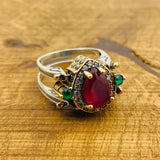 Handcrafted 925 Sterling Silver Reversible Ring with Aquamarine & Ruby Gemstones