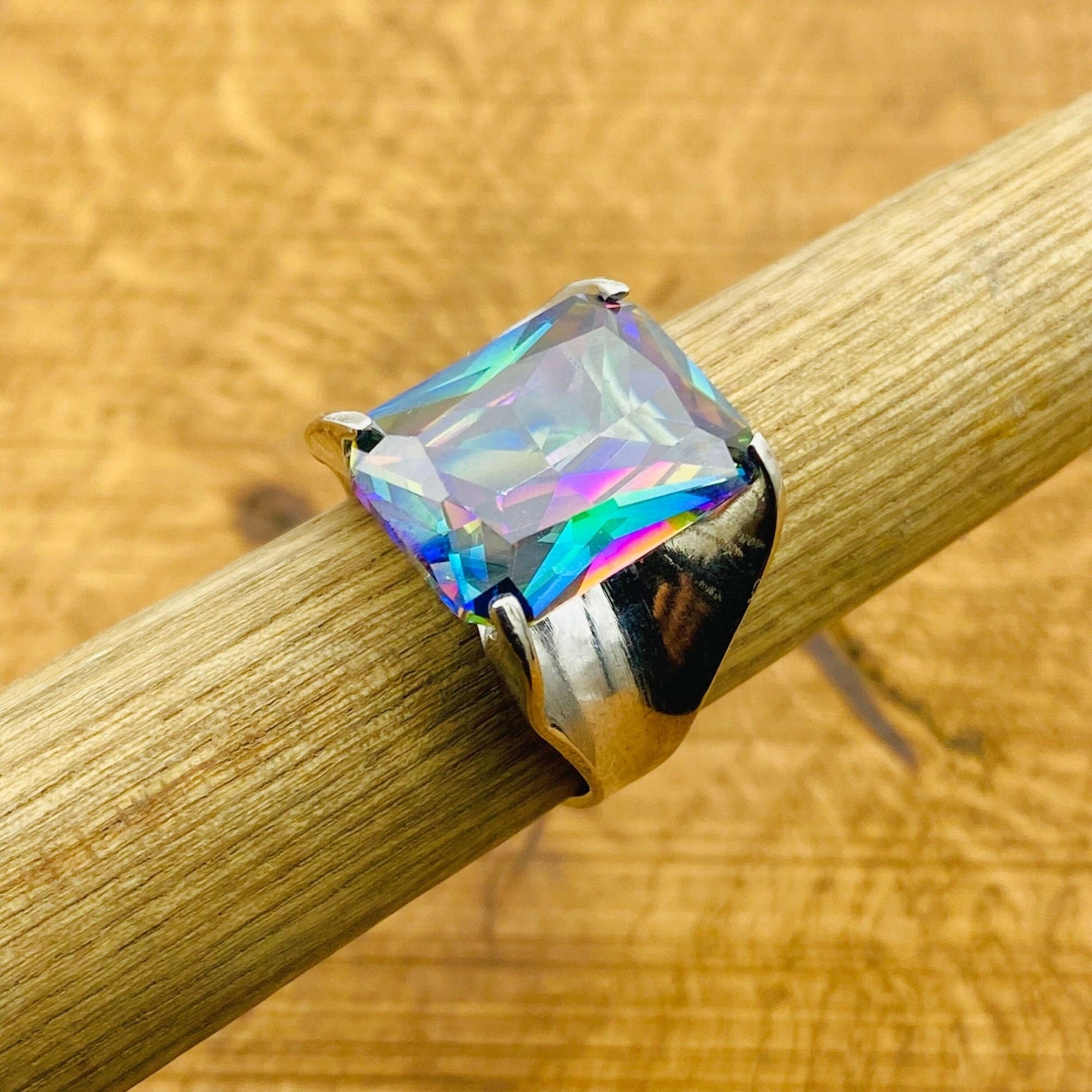 Genuine Mystic Topaz Stacking Ring | Handcrafted 925 Sterling Silver for Women | Unique Big Stone Gift