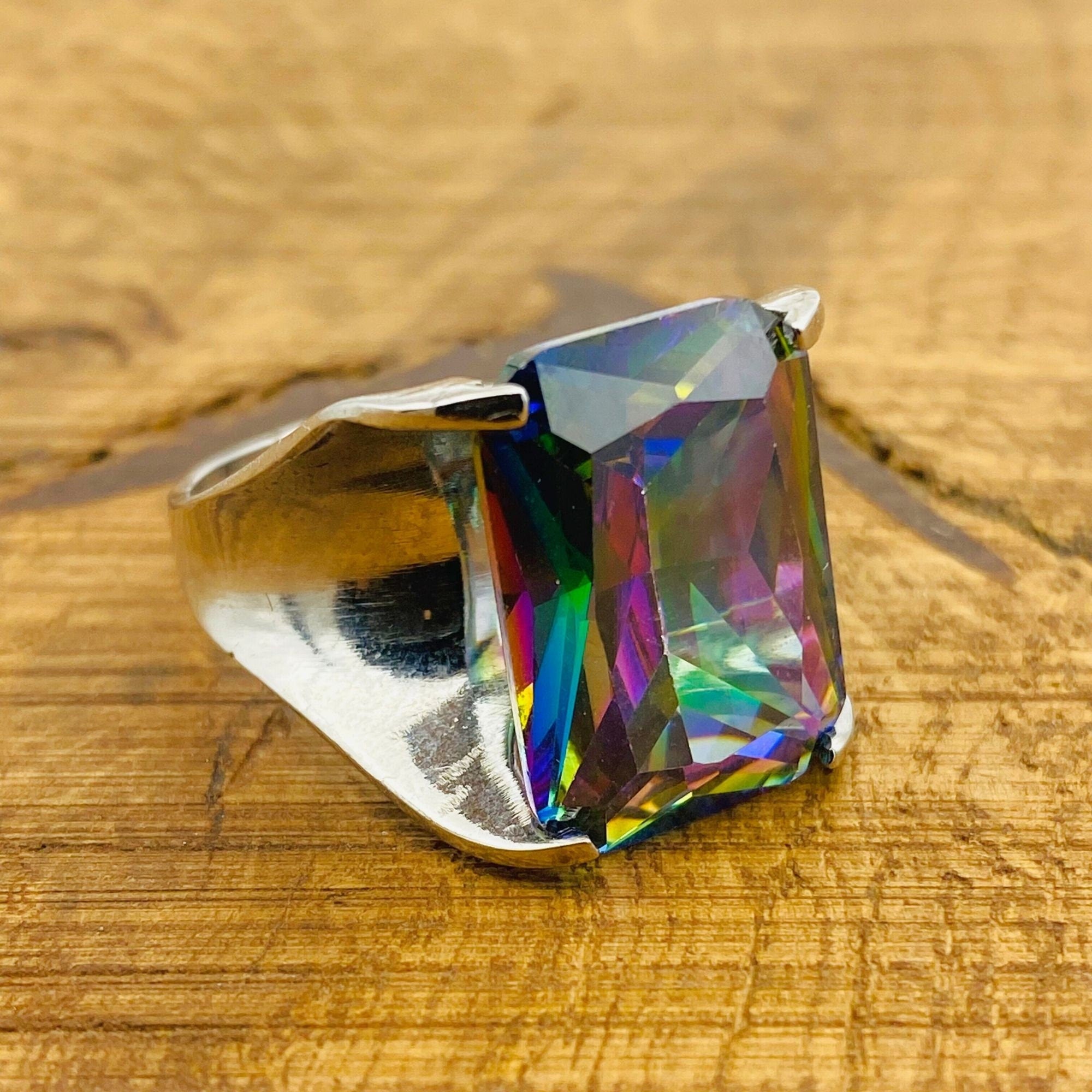 Genuine Mystic Topaz Stacking Ring | Handcrafted 925 Sterling Silver for Women | Unique Big Stone Gift