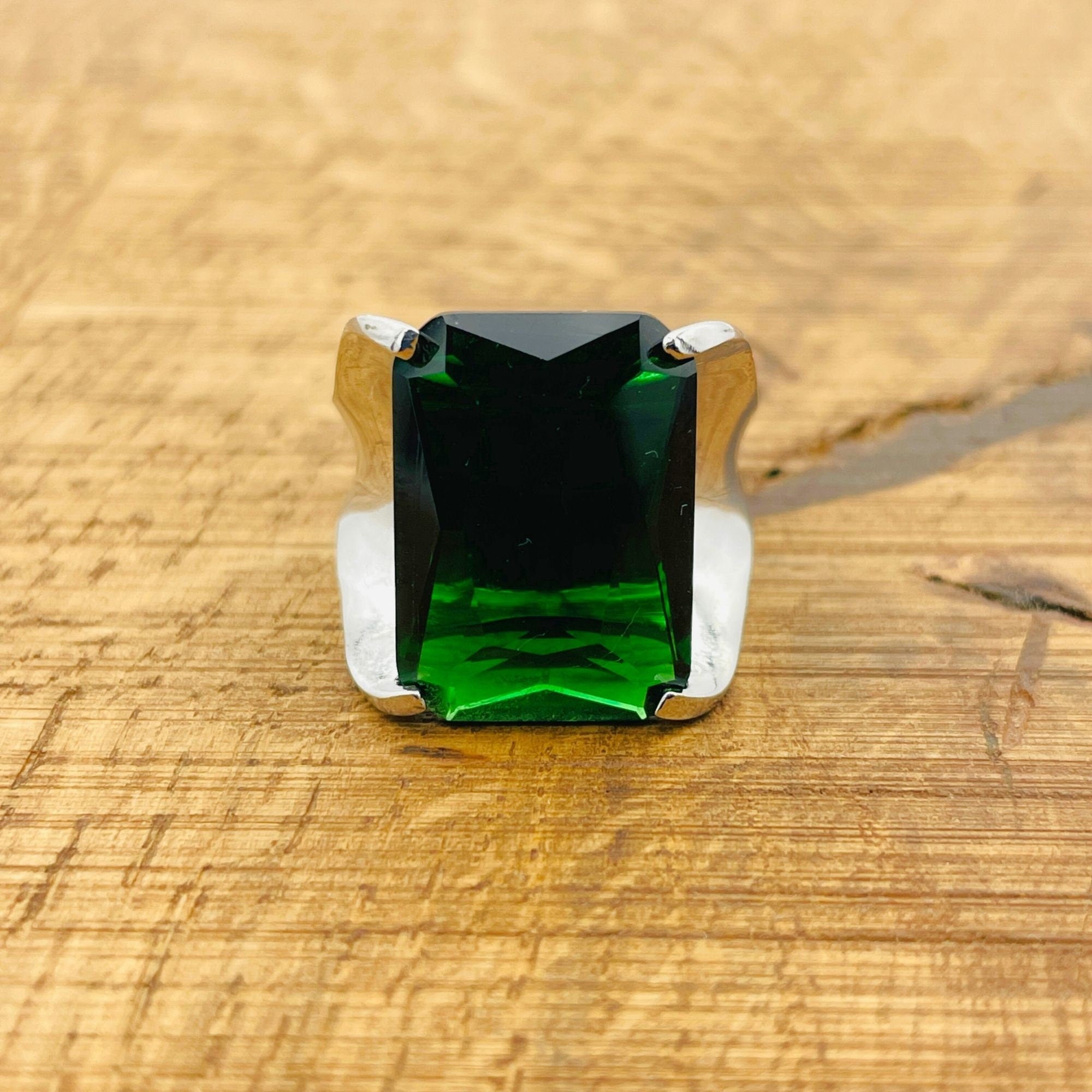 Handcrafted 925 Sterling Silver Emerald Stacking Ring for Women - Genuine Green Gemstone Jewelry