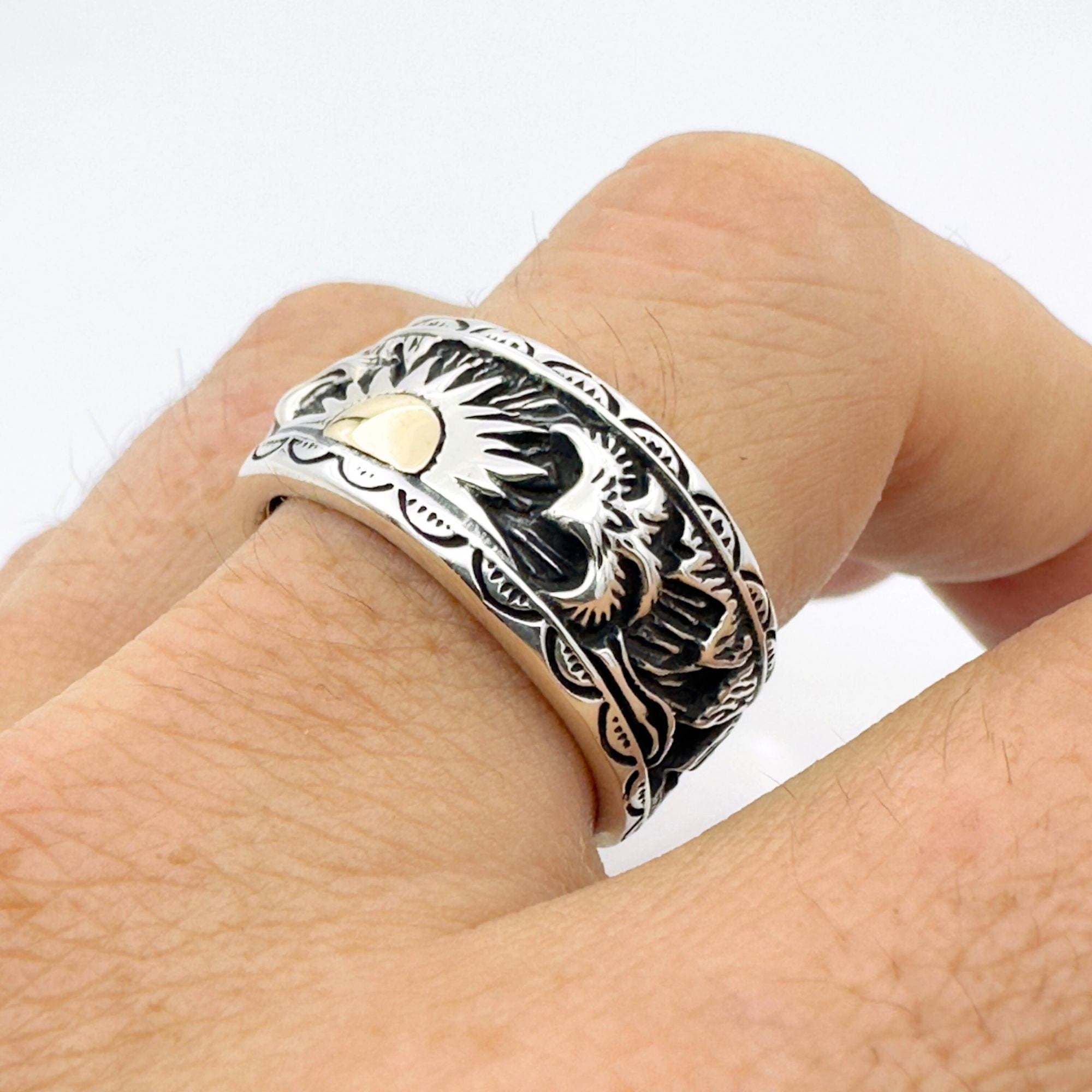 Handmade 925 Sterling Silver Eagle Sun Totem Ring for Men - Unique Thai Jewelry Gift