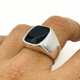 Men's Square Natural Black Onyx Silver Ring