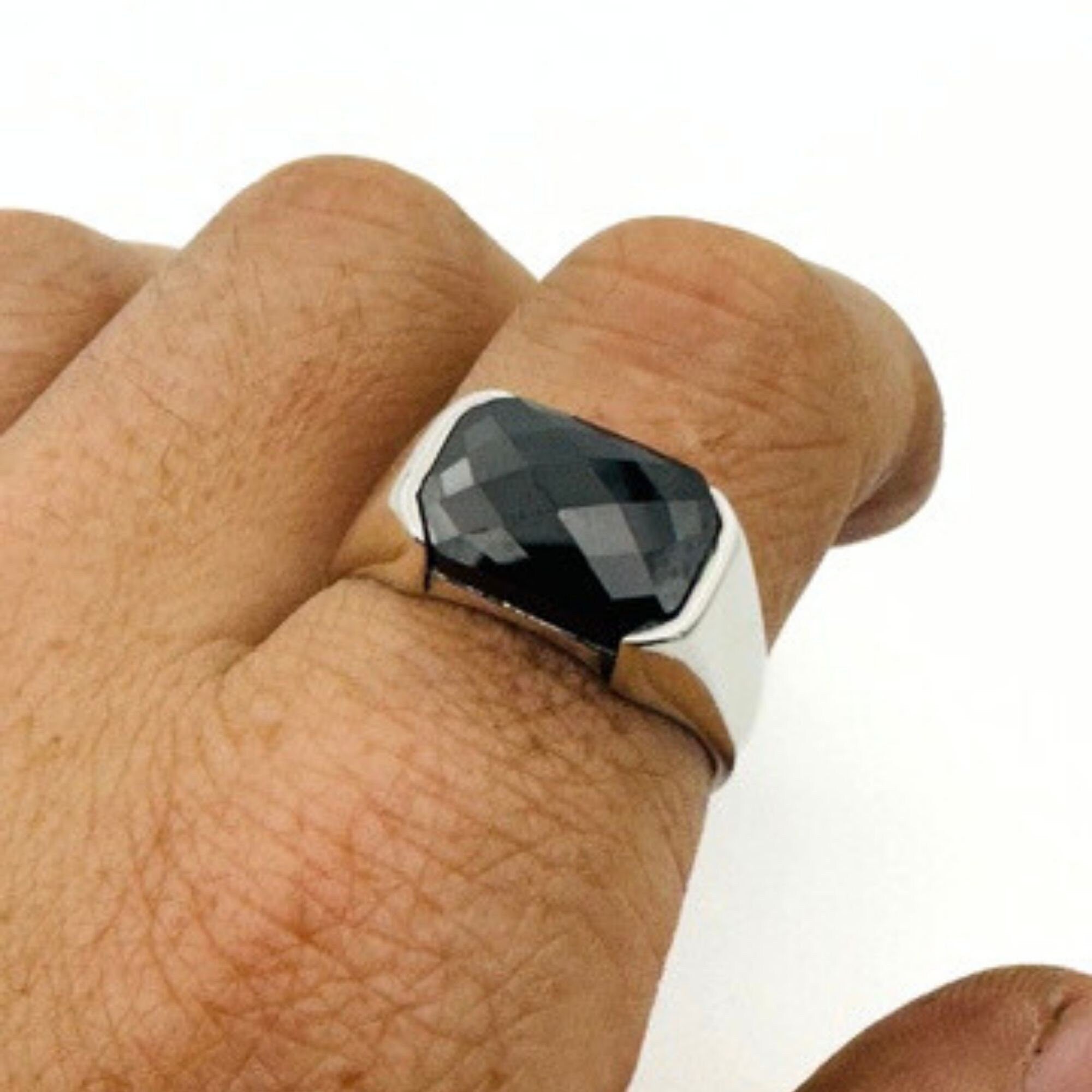 Men's Handcrafted 925 Sterling Silver Black Onyx Rectangle Ring - Minimalist & Elegant Gift for Him