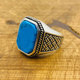 خاتم تركي يدوي من الفضة الإسترلينية مع الفيروز للرجال | هدية حجر كريم 925 فنية