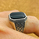 Men's Turkish Handmade 925 Sterling Silver Ring | Natural Black Onyx | Minimalist Square Design | Gift for Him