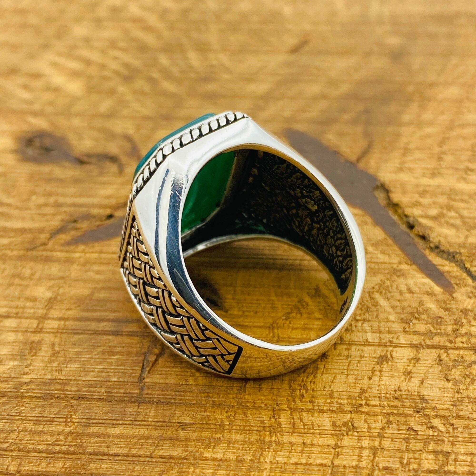Men's Turkish Handmade 925 Sterling Silver Green Agate Ring | Unique Square Gemstone Gift for Him