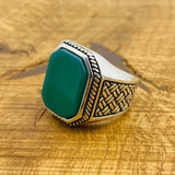 Men's Turkish Handmade 925 Sterling Silver Green Agate Ring | Unique Square Gemstone Gift for Him