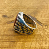 خاتم فضة استرلينية 925 مرصع بعقيق أحمر مصنوع يدوياً للرجال - مجوهرات حجر كريم تركية الصنع