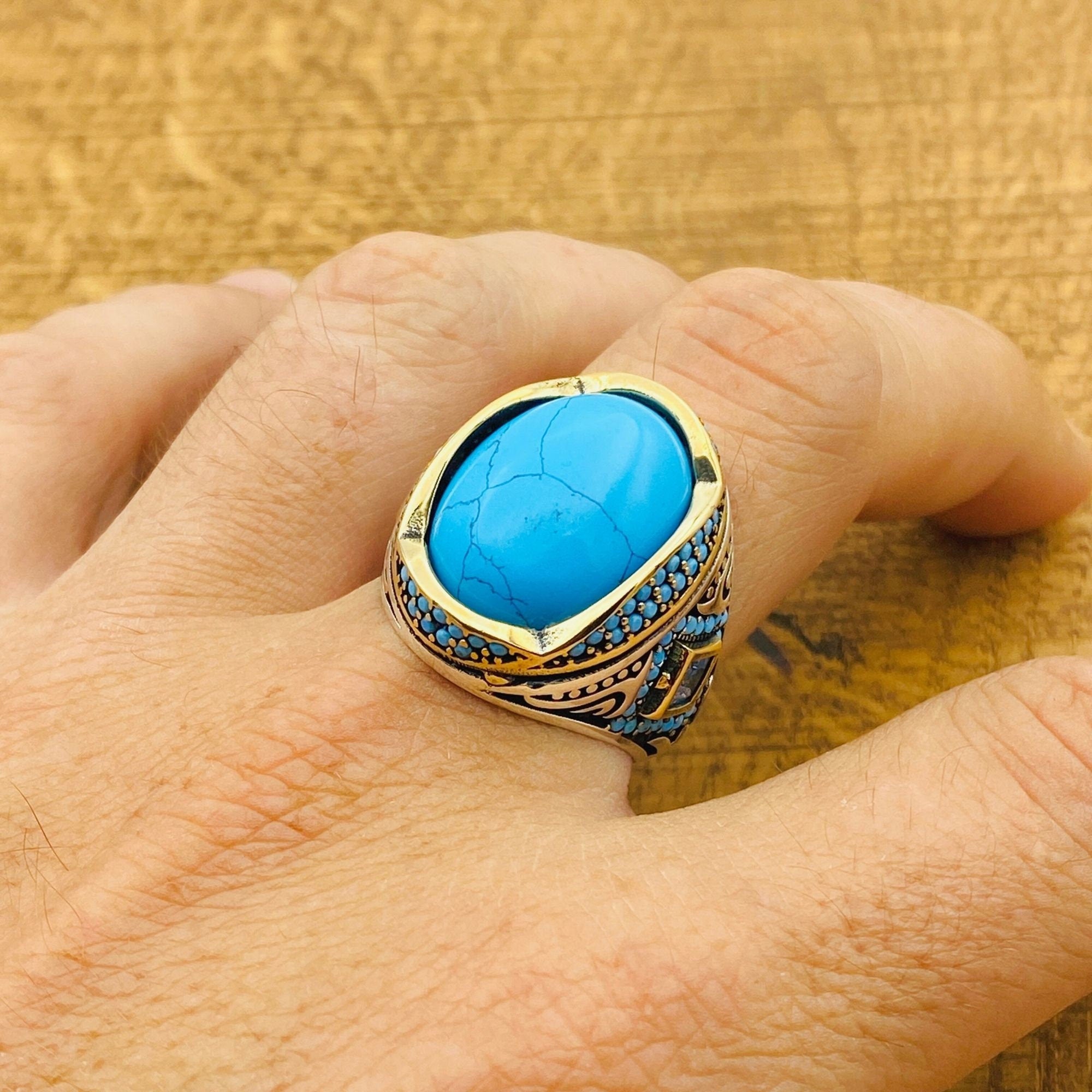 Handmade Turkish Men's Natural Turquoise 925 Sterling Silver Statement Ring