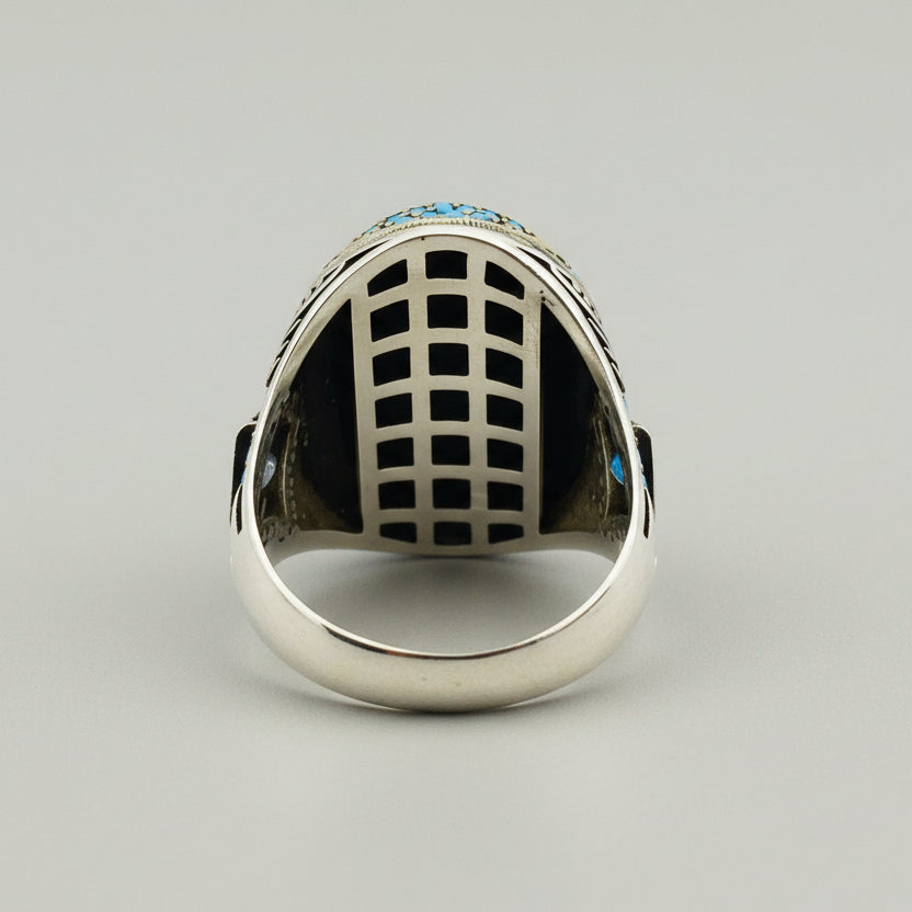 Handmade Turkish Men's Natural Turquoise 925 Sterling Silver Statement Ring