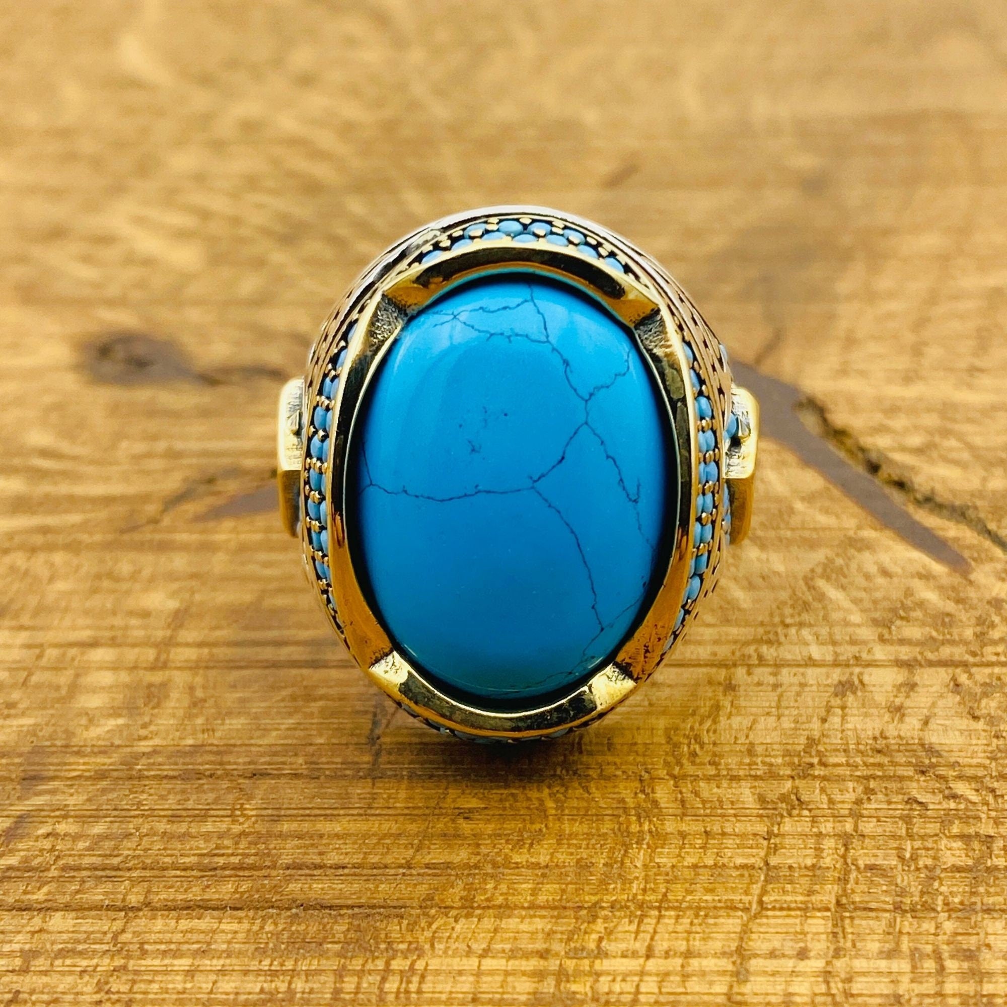 Handmade Turkish Men's Natural Turquoise 925 Sterling Silver Statement Ring