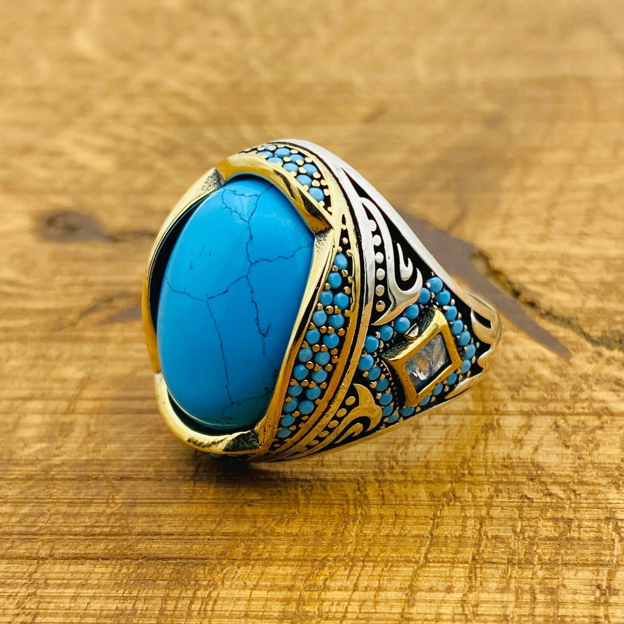 Handmade Turkish Men's Natural Turquoise 925 Sterling Silver Statement Ring