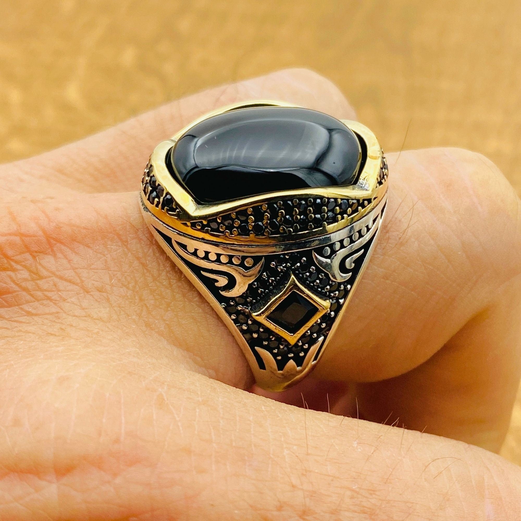 Handcrafted Turkish Men's Black Onyx 925 Sterling Silver Ring