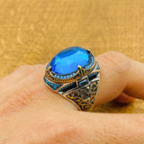 Men's Handcrafted Turkish Ottoman Blue Zircon 925 Sterling Silver Ring - Unique Gift for Him
