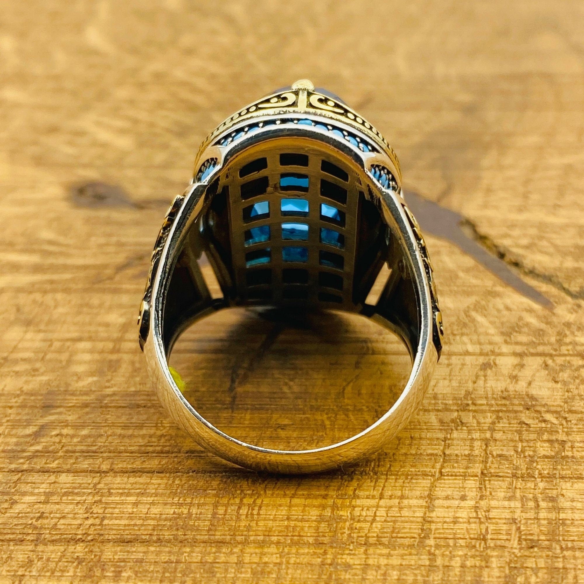 Men's Handcrafted Turkish Ottoman Blue Zircon 925 Sterling Silver Ring - Unique Gift for Him