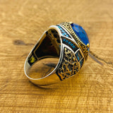 Men's Handcrafted Turkish Ottoman Blue Zircon 925 Sterling Silver Ring - Unique Gift for Him