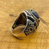 خاتم رجالي بيضاوي من الفيروز الأزرق من الفضة الإسترلينية 925 مصنوعة يدوياً على الطراز العثماني - هدية مجوهرات