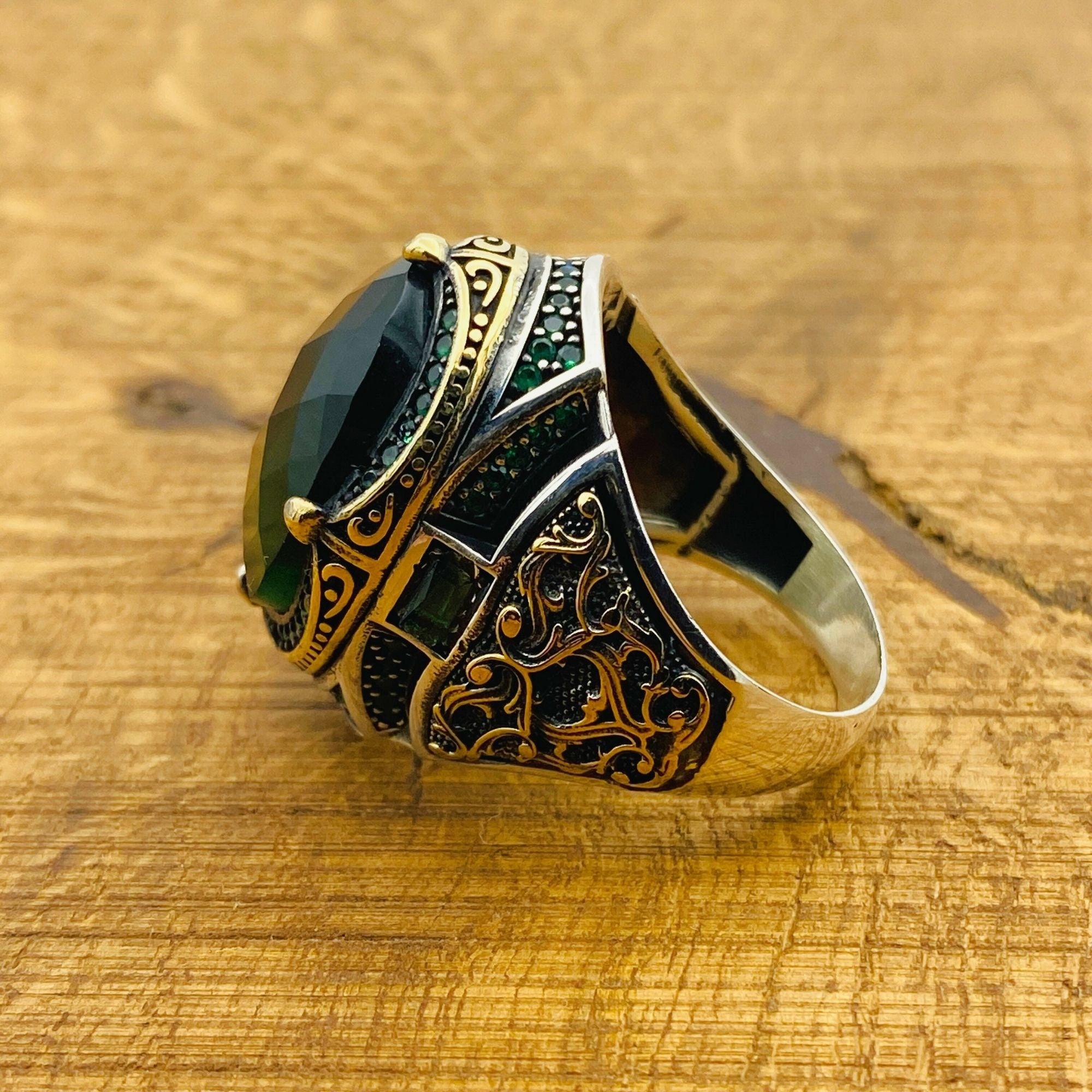 Handcrafted Men's Green Zircon 925 Sterling Silver Ottoman Ring | Unique Gift for Him