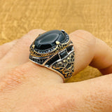 Men's Turkish Handmade 925 Sterling Silver Black Onyx Ring | Natural Oval Gemstone Jewelry Gift for Him