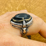 خاتم فضة استرليني 925 مرصع بعقيق أسود يدوي الصنع للرجال - تصميم عثماني أصيل