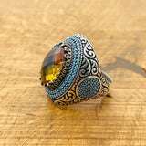 خاتم رجالي عثماني مصنوع يدويًا من الفضة الإسترلينية | حجر زولتانيت أصلي يغير لونه | هدية فريدة له