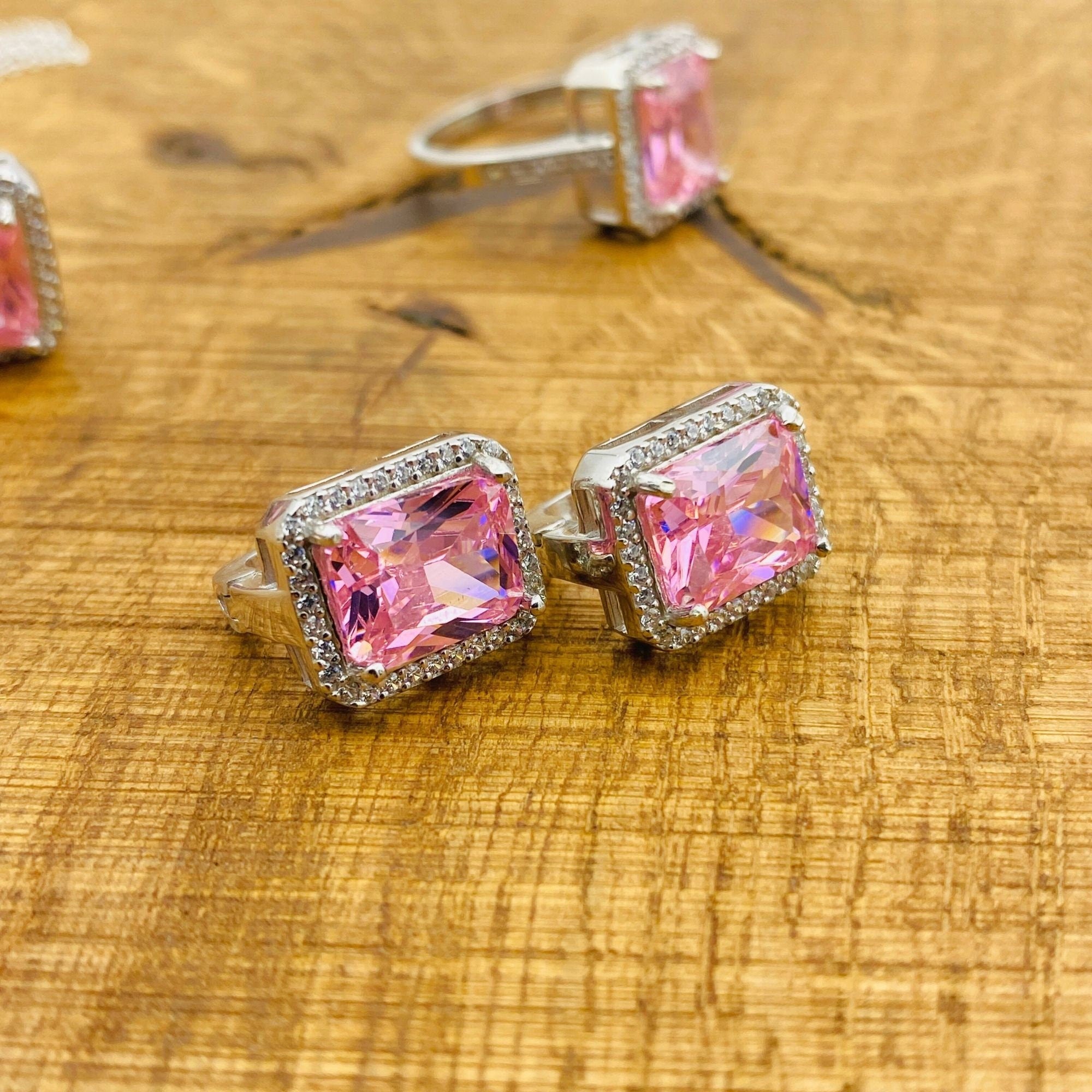 여성용 수제 925 스털링 실버 핑크 모거나이트 쥬얼리 세트 - 반지, 목걸이 및 귀걸이 선물