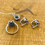 여성 수제 터키 925 스털링 실버 사파이어 주얼리 세트 - 목걸이, 귀걸이 및 반지