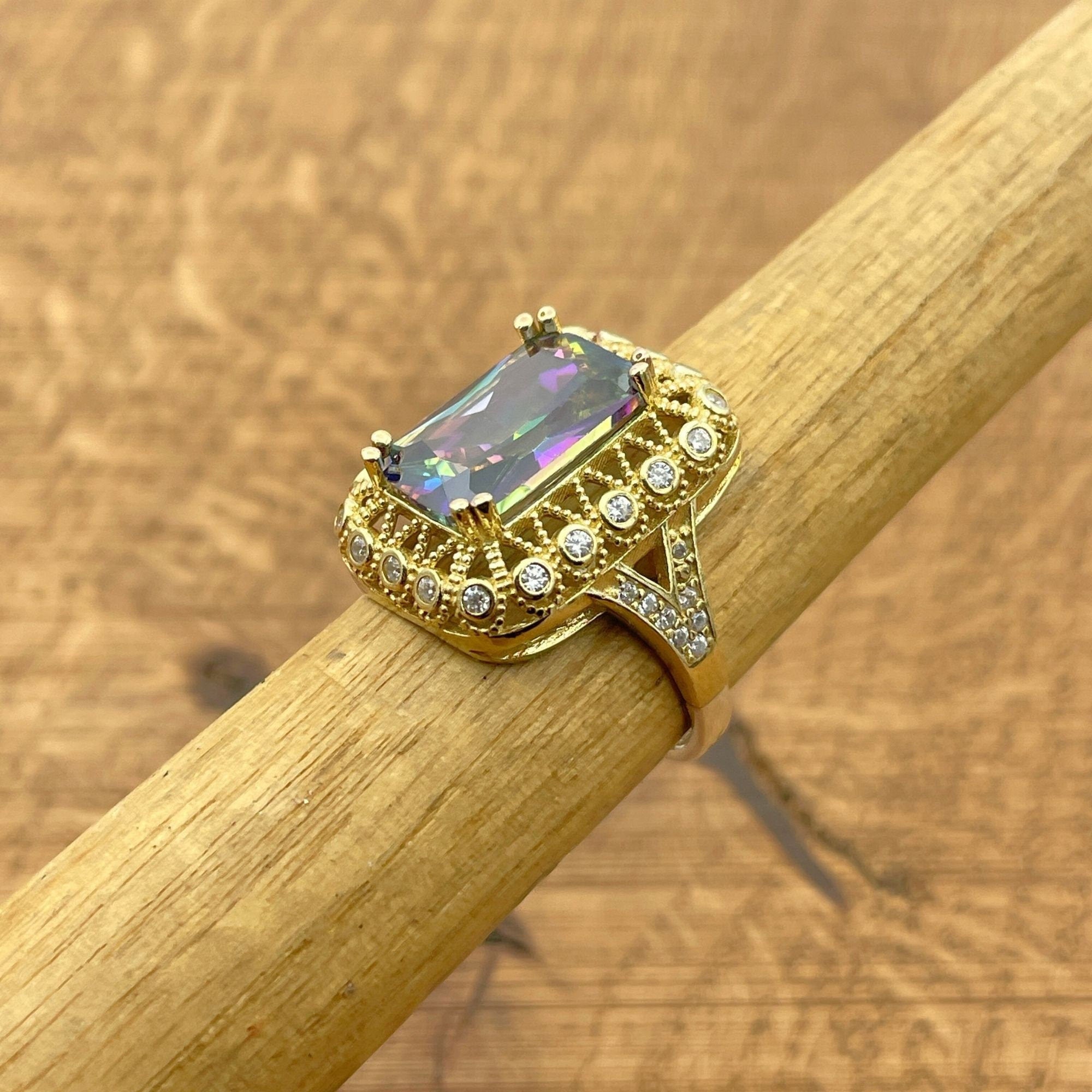 Elegant Multi-Color Mystic Topaz Gold-Plated 925 Sterling Silver Ring for Women