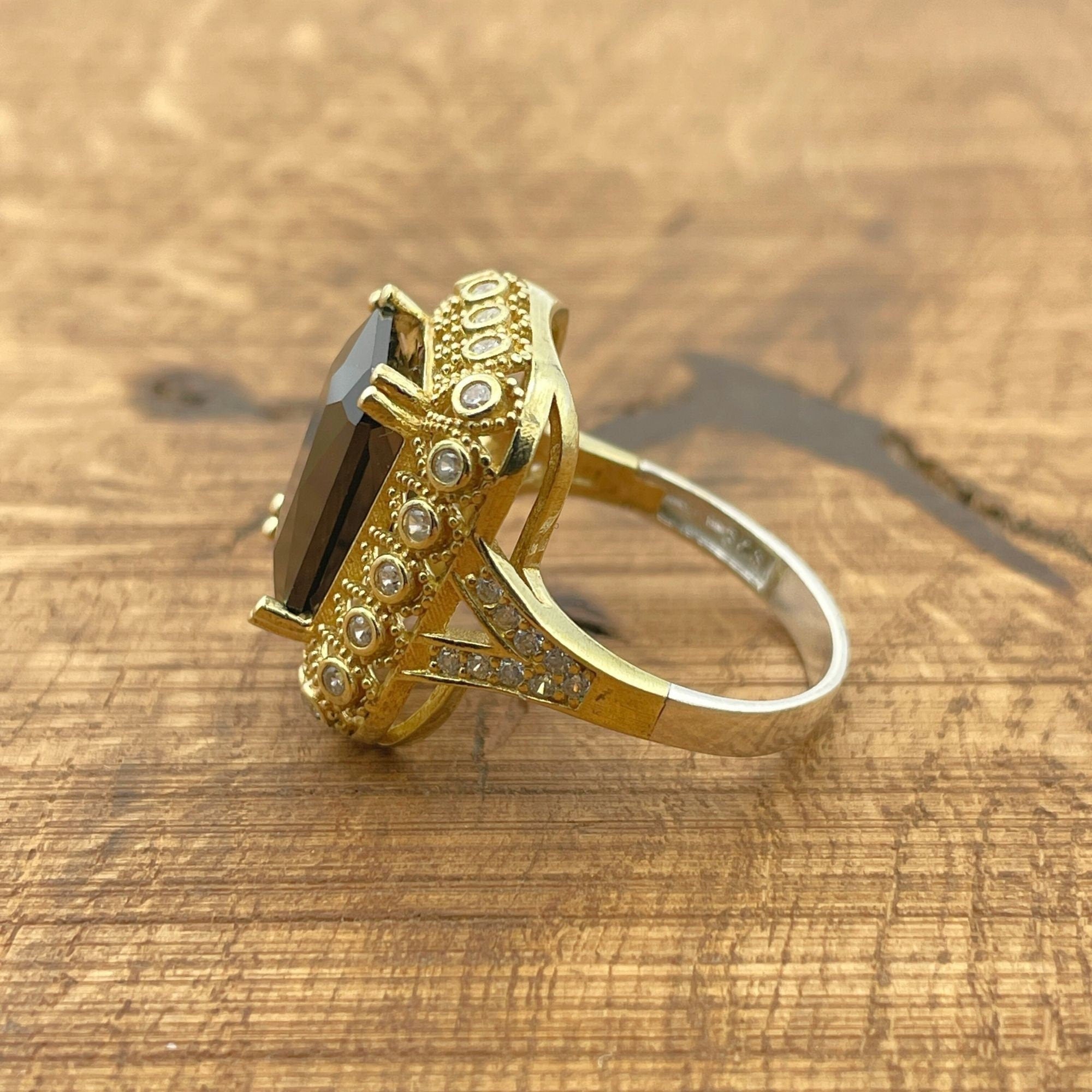 خاتم أنيق تركي يدوي الصنع من العقيق الأسود مطلي بالذهب فضة استرلينية 925 للنساء