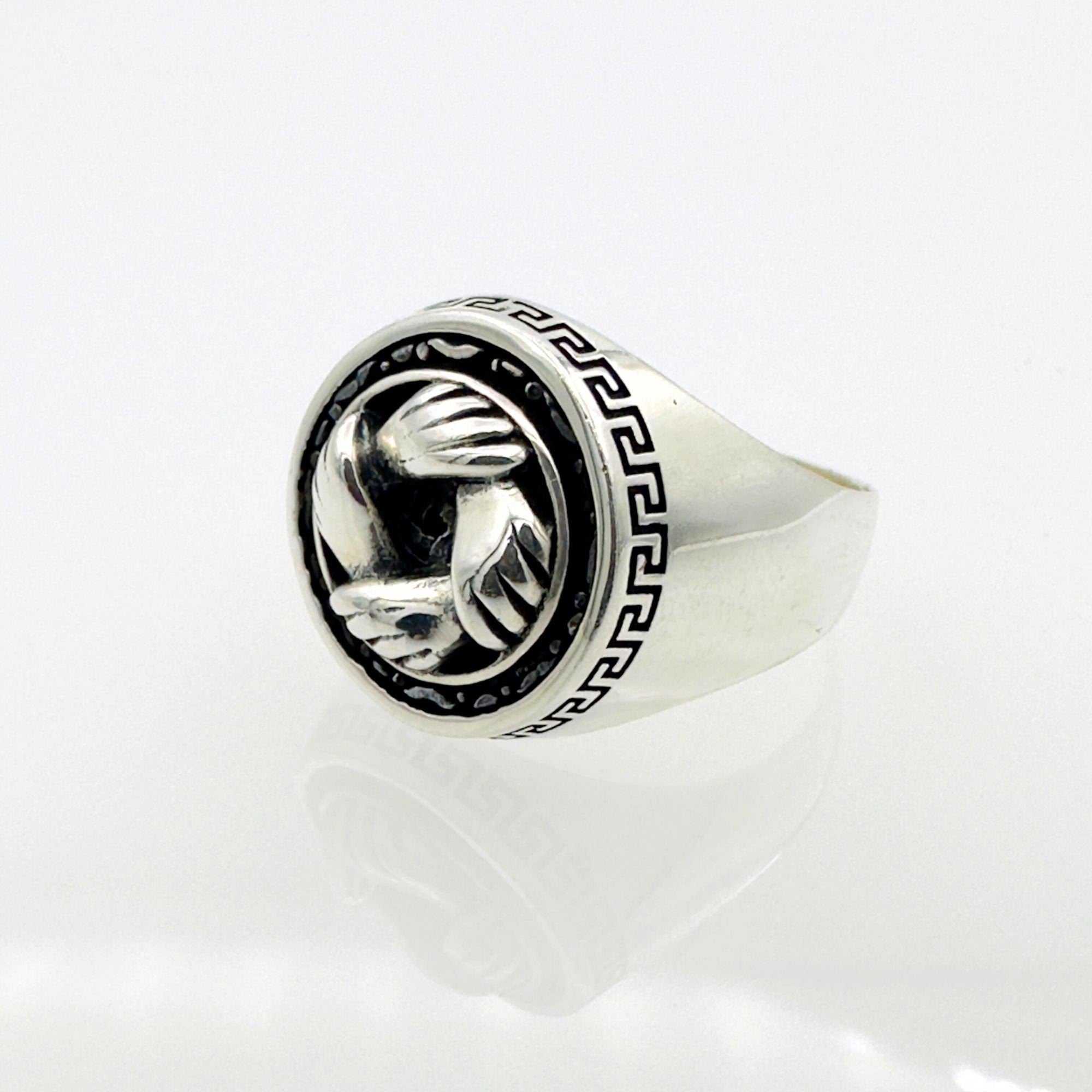 خاتم تصميم يدين رجالي تركي مصنوع يدويًا من الفضة الإسترلينية 925 | هدية كلاسيكية بدون حجر