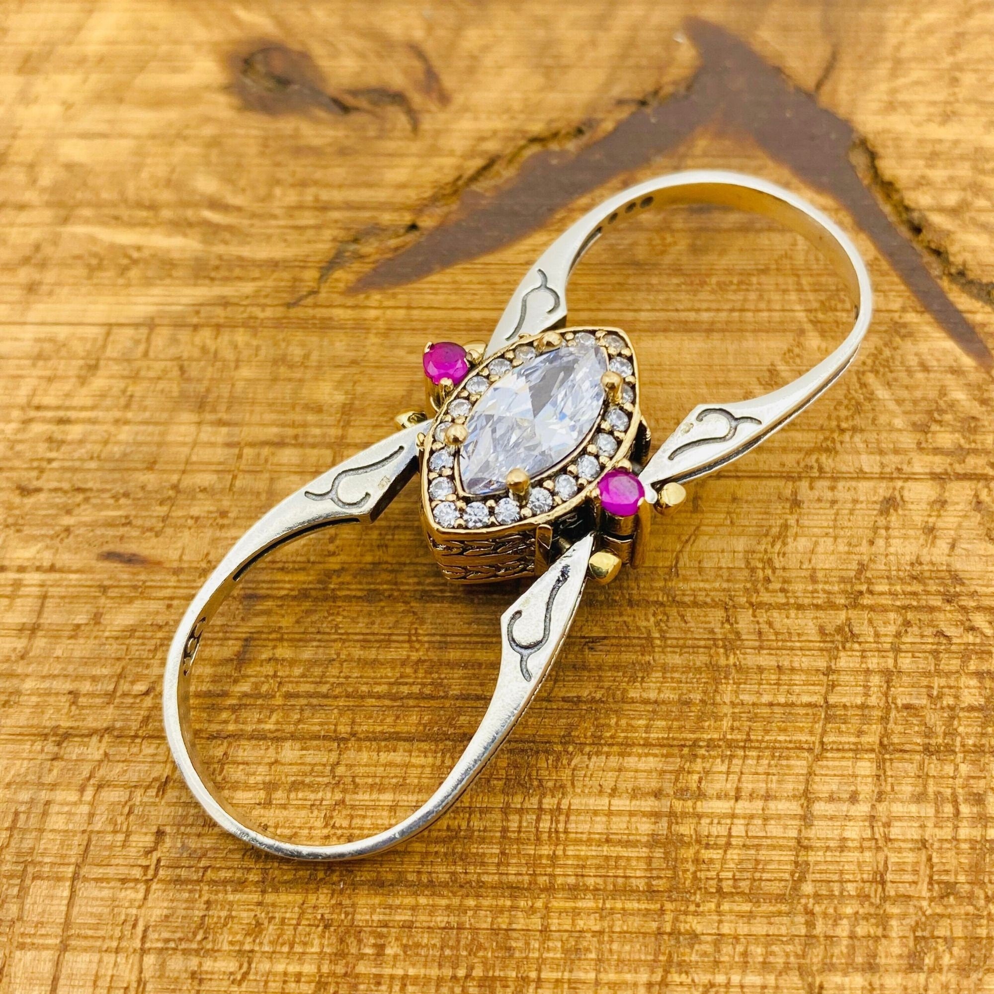 خاتم يدوي قابل للعكس من الياقوت الأحمر والزركون الأبيض - فضة استرلينية 925 مجوهرات متعددة الأحجار الكريمة